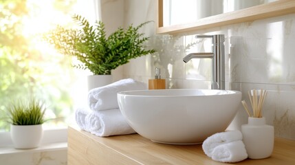 Fototapeta premium A serene bathroom scene showcases elegant decor with soft towels and lush greenery, creating a fresh and inviting atmosphere conducive to relaxation and self-care.