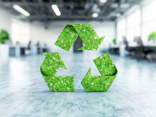 Aerial view Closeup headshot outdoor portrait Green recycle symbol icon sign with professional environment background to represent recycling or sorting of waste at office and for working people 
