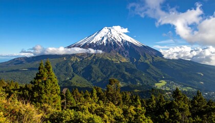 Snowcapped Volcano with Island Landscape.