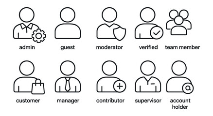User roles icon set. profile, team, admin, verification, guest, silhouette style