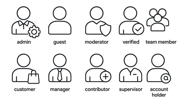 User roles icon set. profile, team, admin, verification, guest, silhouette style
