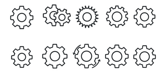Settings and gear outline icon set for web, app, and user interface designs