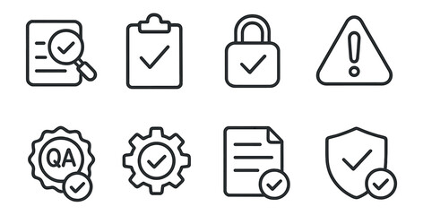 Security and alert icon set. essential notifications, qa symbols in outline style