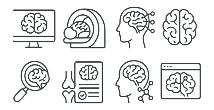 Medical brain linear icon set: neurology, mri, anatomy, healthcare line style collection