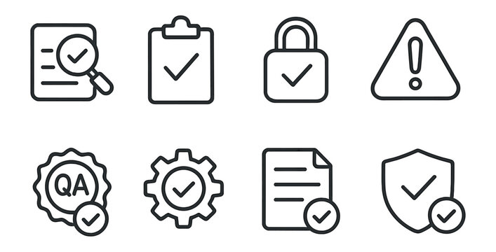 Security and alert icon set. essential notifications, qa symbols in outline style