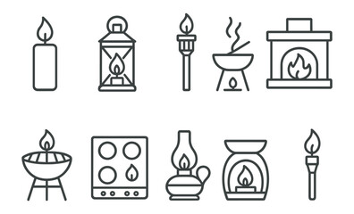 Fireplace, candle outline icon set. cozy, warmth, flame line icons for home
