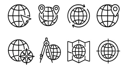 Naklejka na ściany i meble Navigation and travel outline icon set. maps, compass, globe collection