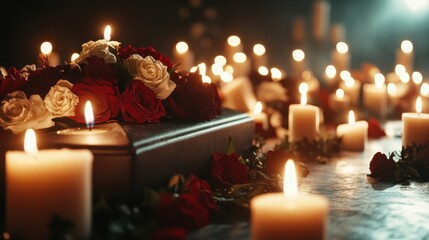 A respectful memorial scene featuring a dark altar adorned with red and white roses, flickering candles casting a warm glow, symbolizing remembrance and love.