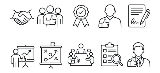 Business and teamwork outline icon set. collaboration, office, success icons collection