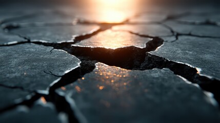 Dry, cracked earth stretches across the landscape, symbolizing drought, environmental issues, and climate change while highlighting the urgent need for awareness and action in society.