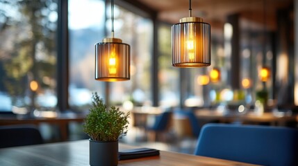 This image captures a stylish restaurant interior featuring beautifully designed pendant lights that create a warm and inviting atmosphere for diners and patrons alike.