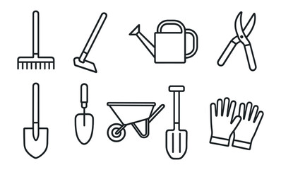 Obraz premium Gardening tools outline icon set for landscaping and horticulture