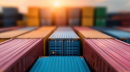 Obraz premium A vibrant array of shipping containers lined up in the foreground against a stunning sunset, showcasing the dynamic world of trade and transportation with an artistic flair.