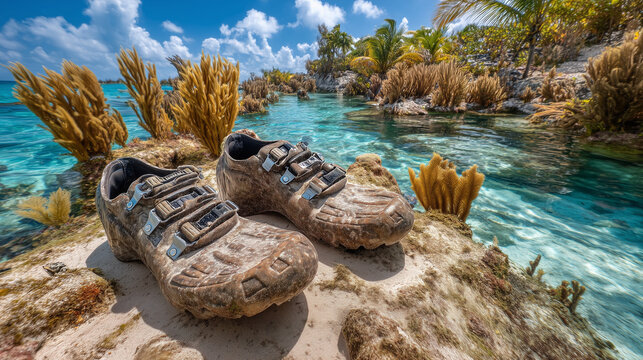 Worn outdoor water shoes resting on a rocky shore with a tropical ocean background, inviting summer adventure and exploration, concept of water sport rental or tourism