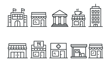 Building, cafe, shop icon set. urban and business icons in line style collection