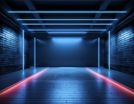 background neon 3d room light dark empty abstract stage floor neon wall 3d background space interior modern showroom blue warehouse future technology studio garage render hall tunnel concrete car led