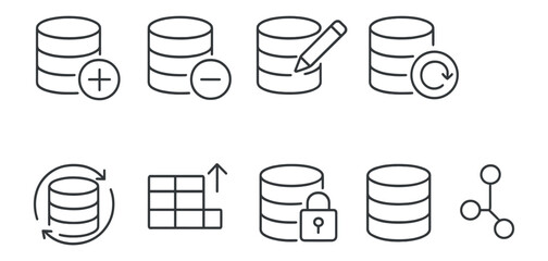 Database management linear icon set. data security, backup, storage line illustrations