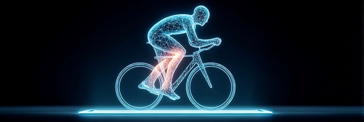 48 year old male cycling on a smart trainer indoors with a pointillism overlay showing glowing depiction of quadriceps hypertrophy