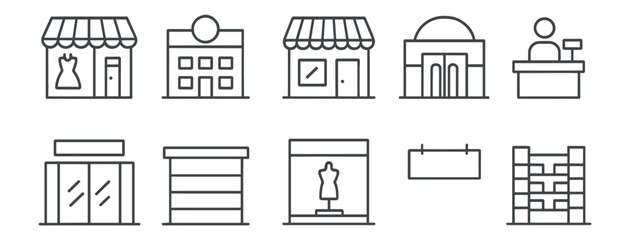 Obraz na płótnie Canvas Retail and shopping outline icon set. storefront, market, commerce icons in outline style