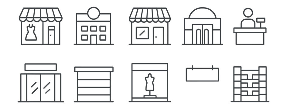 Retail and shopping outline icon set. storefront, market, commerce icons in outline style