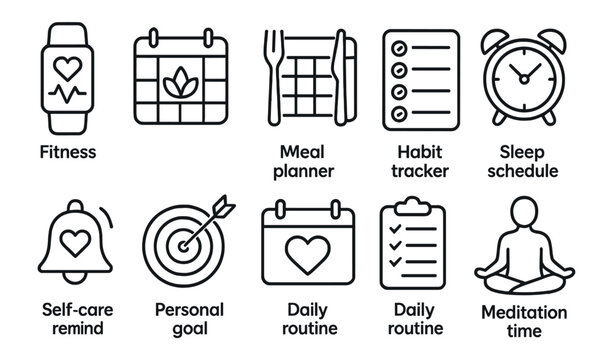 Wellness and habit outline icon set. fitness, sleep, meditation, planner icons collection