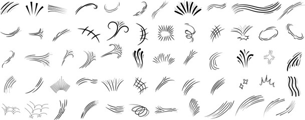 Comic line sparkle and movement elements set. Hand-drawn black ink dynamic strokes, speed lines, starbursts, swooshes, and pop-art accents. Perfect for manga, comic books, cartoon design, and motion e