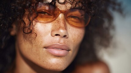 A woman with brown hair and a tan complexion is wearing sunglasses