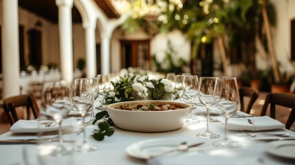 A beautifully arranged outdoor dining table adorned with greenery and floral decorations, offering an inviting atmosphere perfect for gatherings and celebrations in nature.