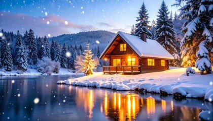 Fototapeta premium Snowy Cabin Lakeside Winter Scene.