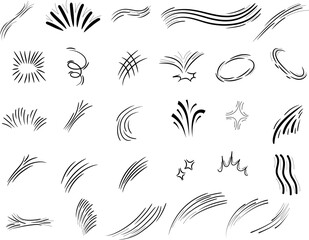 Comic line sparkle and movement elements set. Hand-drawn black ink dynamic strokes, speed lines, starbursts, swooshes, and pop-art accents. Perfect for manga, comic books, cartoon design, and motion e