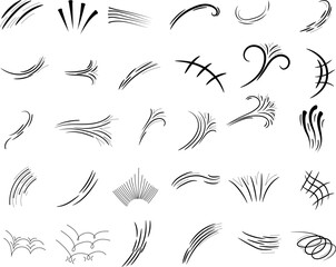 Comic line sparkle and movement elements set. Hand-drawn black ink dynamic strokes, speed lines, starbursts, swooshes, and pop-art accents. Perfect for manga, comic books, cartoon design, and motion e