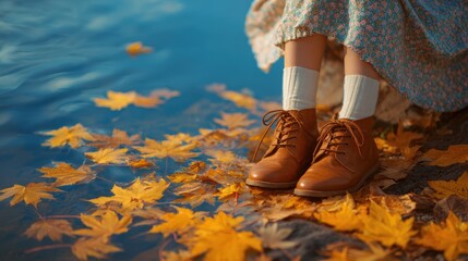 Female in autumn outfit sitting by a tranquil lake with fallen leaves