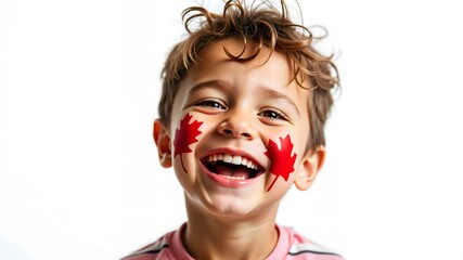 Happy kid with vibrant maple leaf painted on face smiling joyfully isolated on white background PNG