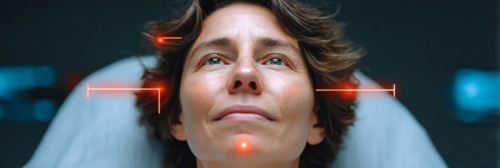 55 year old Latina woman reclining on an exam table displaying basal cell carcinoma on her nose with a paper cut overlay indicating subcutaneous invasion depth