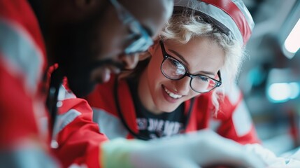 A focused team of engineers collaborates closely, showcasing teamwork and innovation within a high-tech workspace filled with sophisticated tools and equipment, embodying creativity.