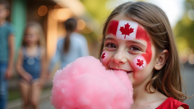 Happy Little Girl with Maple Leaf Face Paint Enjoys Cotton Candy Treat, Celebrating Canada Day
