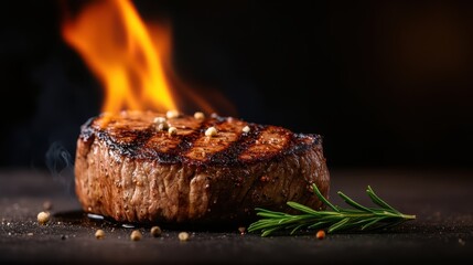 A perfectly grilled steak with flames gently licking the surface, garnished with fresh rosemary, showcasing a culinary delight that is both appetizing and visually stunning.
