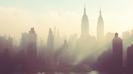 Obraz premium City skyline shrouded in soft morning mist.