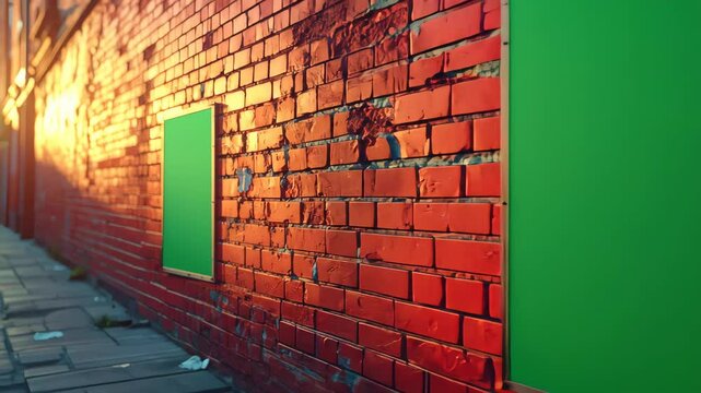 Bright green poster contrasts vividly against a textured red brick wall Sunlight reflects off the bricks creating a warm glow An urban outdoor scene