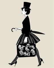 Walking woman in retro clothes carrying old suitcase with set of travel labels and folded umbrella. Vector illustration in black and white engraving style