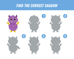 Find correct shadow of cute monster. Educational logical game for kids. Halloween game. Cartoon monster. Vector
