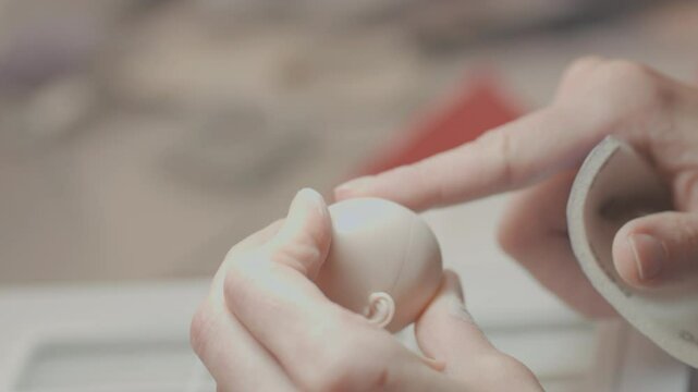 Artist carefully sands silicone doll head with soft cloth, smoothing surface to remove imperfections before further detailing and finishing steps