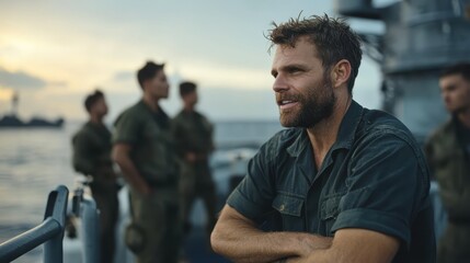 Fototapeta premium A rugged man stands confidently against a vibrant sunset backdrop, while a group of sailors reflects camaraderie and resilience as they navigate challenges on the sea.