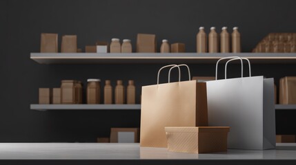 Minimalist shopping bags and boxes in modern retail space