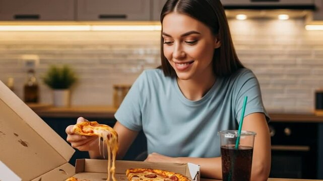 A woman is happily eating a slice of pizza in her kitchen, enjoying a takeout meal.