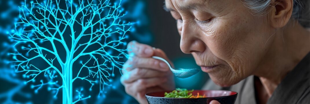 62 year old Japanese Kampo doctor preparing a chewed paste of wild yam for menopausal relief with a cyanotype overlay mapping hormonal balance pathways