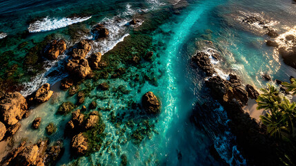 Obraz premium Aerial View Turquoise Ocean Coral Reef Rocks Waves