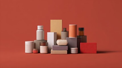 Assorted skincare and beauty containers on red background