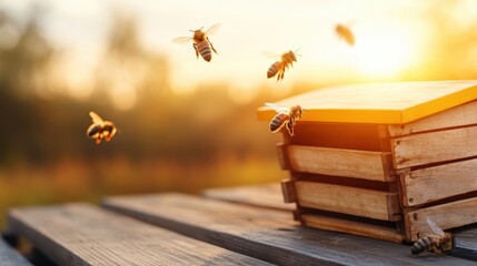 A peaceful scene captures bees flying around a wooden hive during golden hour, exemplifying nature’s symbiosis, highlighting the importance of bees in our ecosystem and agriculture.