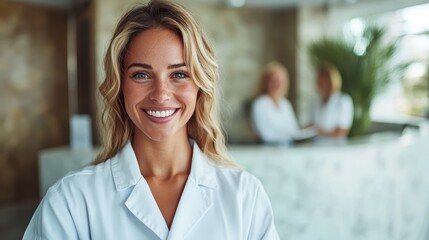This image features a confident woman in a professional setting, smiling warmly at the reception area, encapsulating the essence of professionalism and approachability.